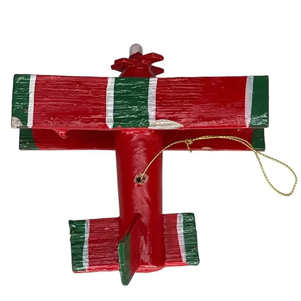 Vintage Wooden Airplane Ornament Red Green Folk Art Christmas Decor